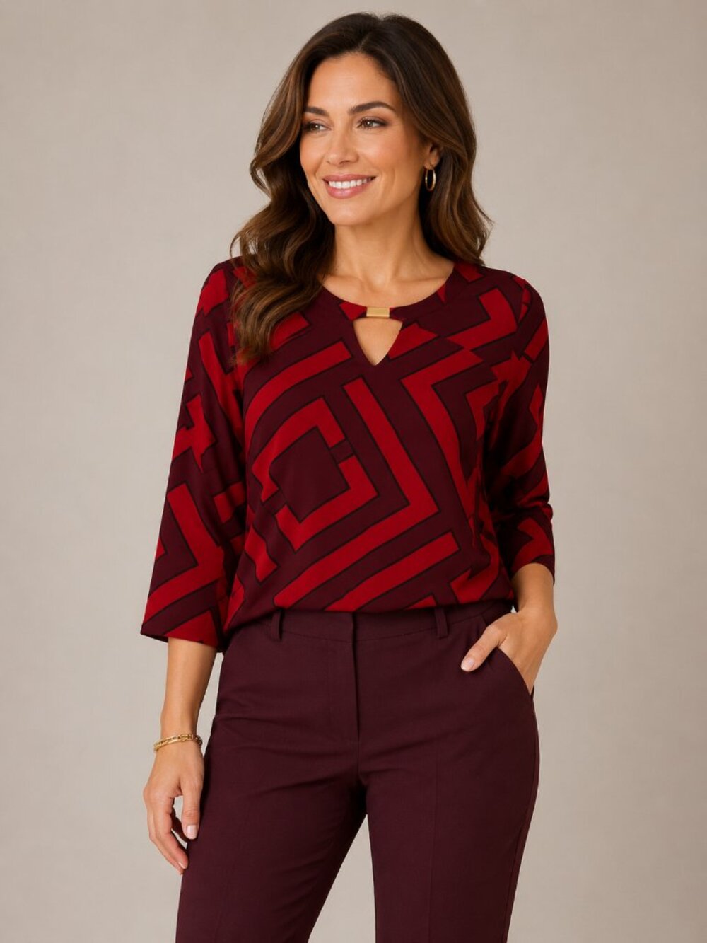 Liz Claiborne Burgundy Red Geometric Print 3/4 Sleeve Women's Top